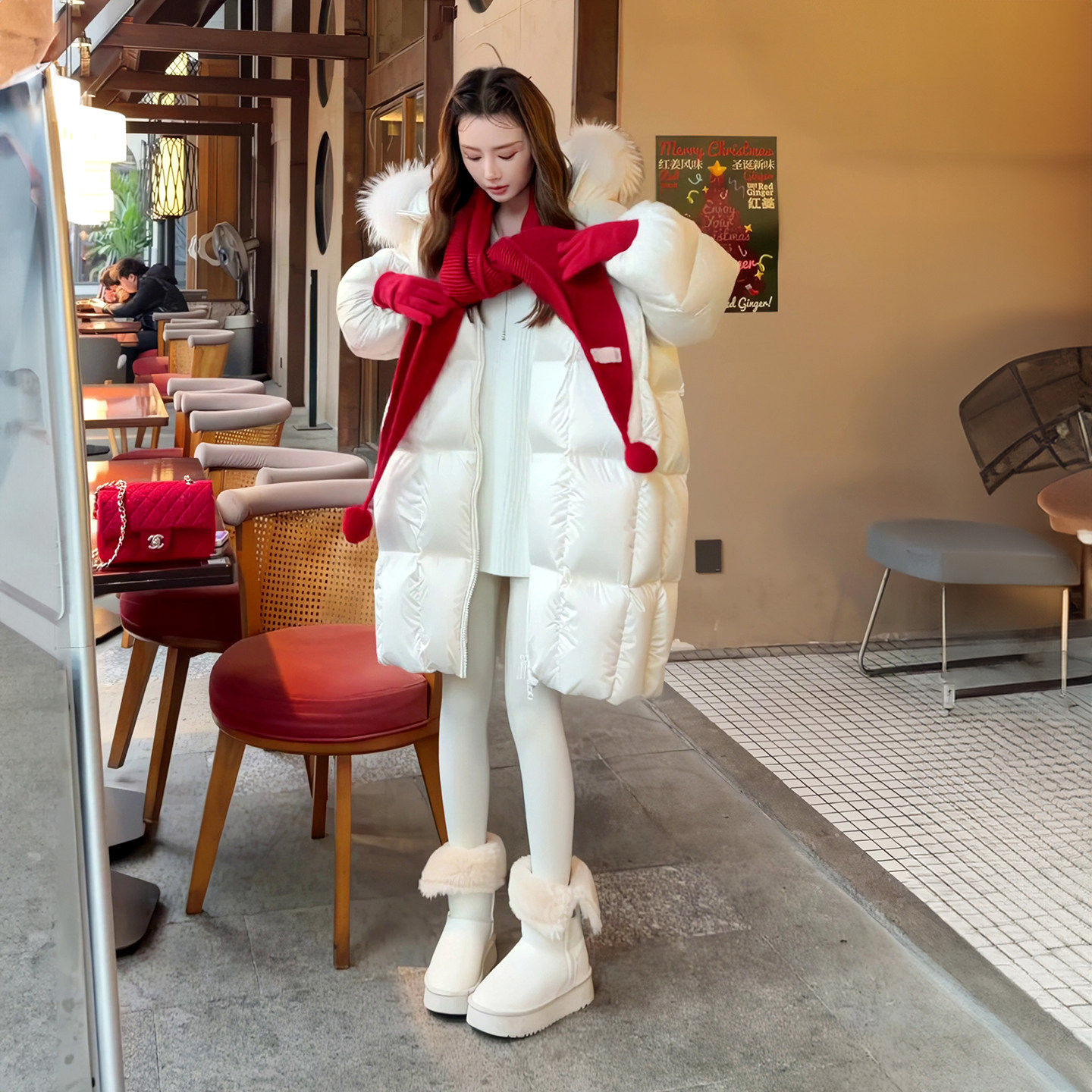 韩系白色加厚羽绒服女中长款2026冬季新款宽松毛领连帽保暖外套潮