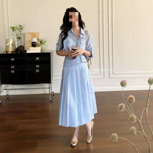 法式松弛感蓝色条纹衬衣裙