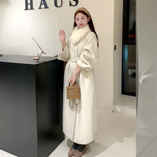 杏色双面妮子大衣2026秋冬季女中长款韩版小个子气质毛领毛呢外套