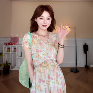新品 韩系小众设计气质甜美花色连衣裙女2025夏季 多巴胺显瘦长裙子