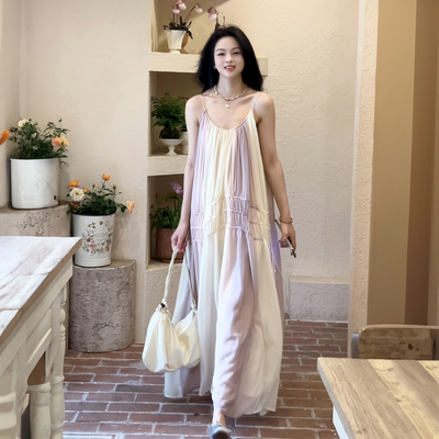 法式渐变晕染长款吊带连衣裙女