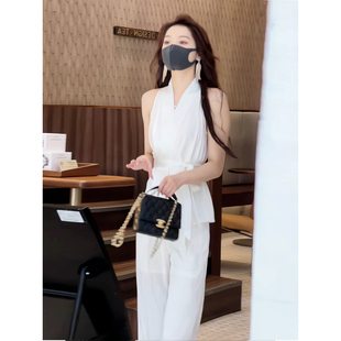 女2025夏装 新款 设计感无袖 网红爆款 阔腿裤 套装 挂脖显瘦上衣 时尚