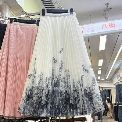 时尚百搭印花褶皱A字半身仙女裙