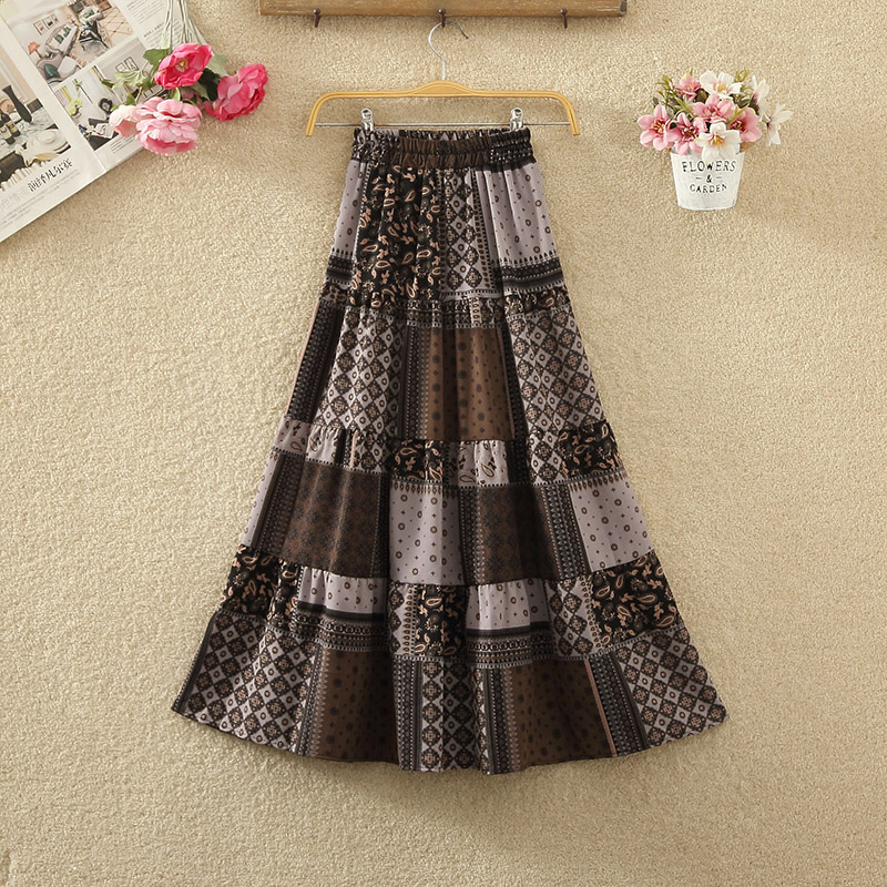 民族风复古撞色半身裙女春夏新款高腰中长款印花大摆裙雪纺A字裙