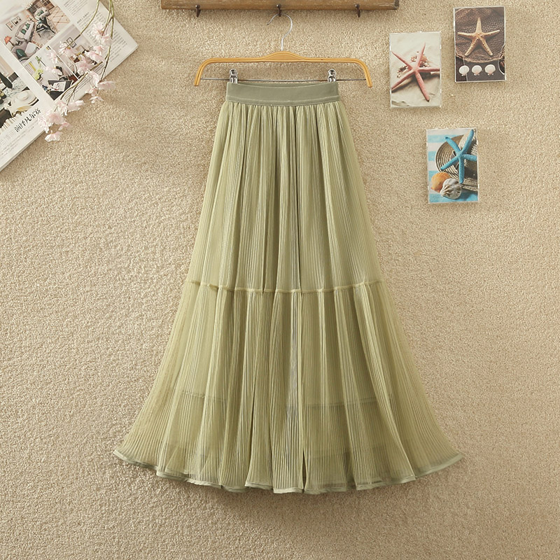 网纱大摆半身裙女春夏新款高腰显瘦仙女A字百褶裙子中长款蛋糕裙