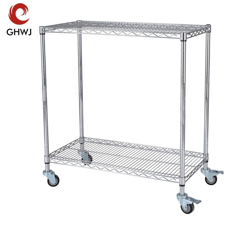二层置物架移动带轮不锈钢镀铬线网格多功能静音防静电双层小推车