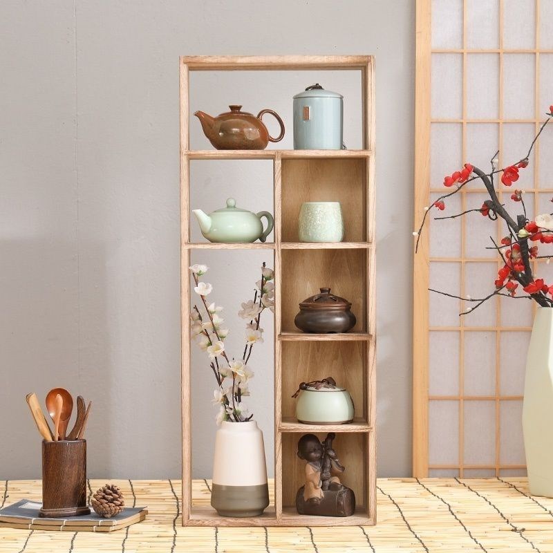 中式桐木博古架壁挂式分格多层木质收纳架桌面茶杯茶具镂空展示架