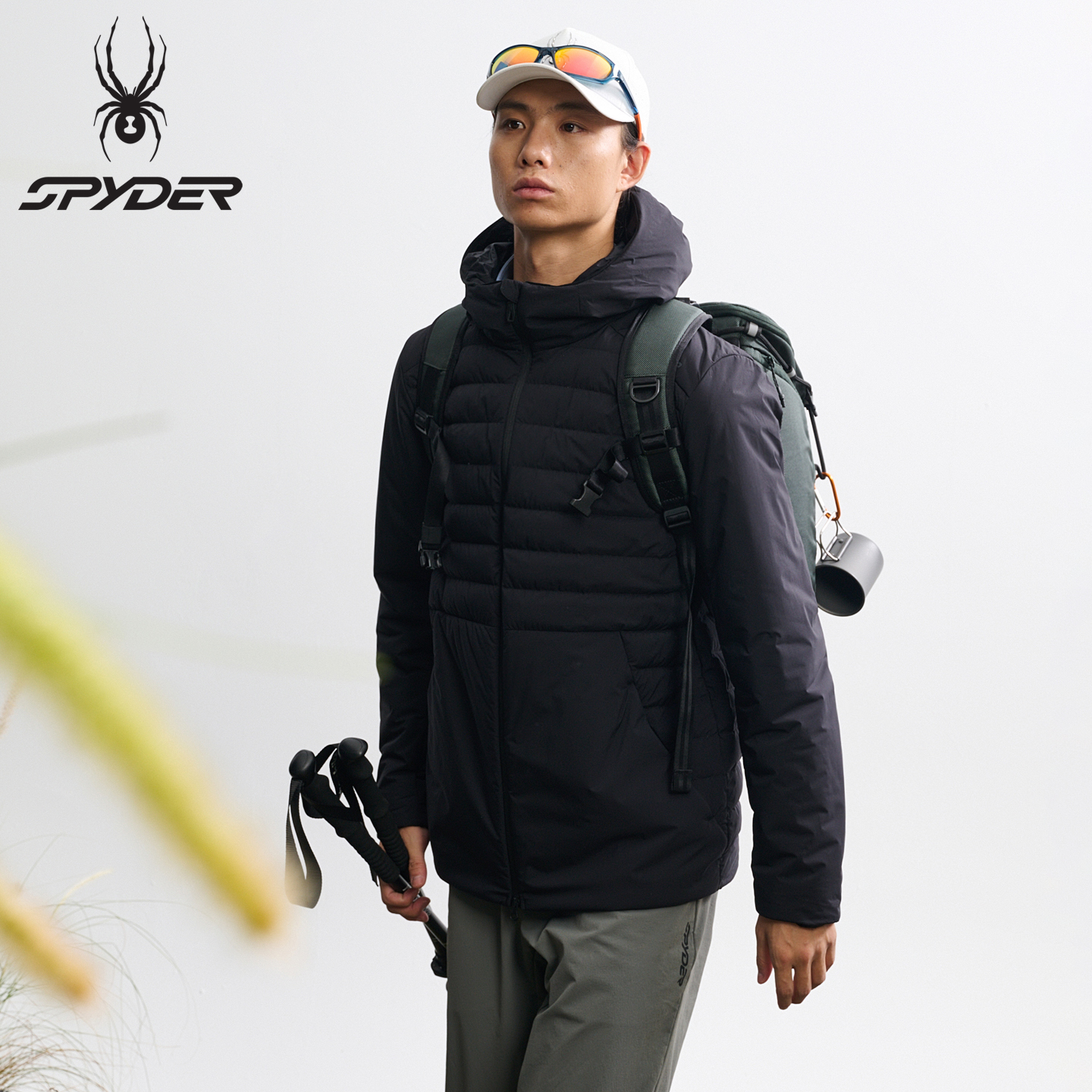 SPYDER蜘蛛新款休闲连帽保暖外套男士轻薄黑色排骨羽绒服25MF227M