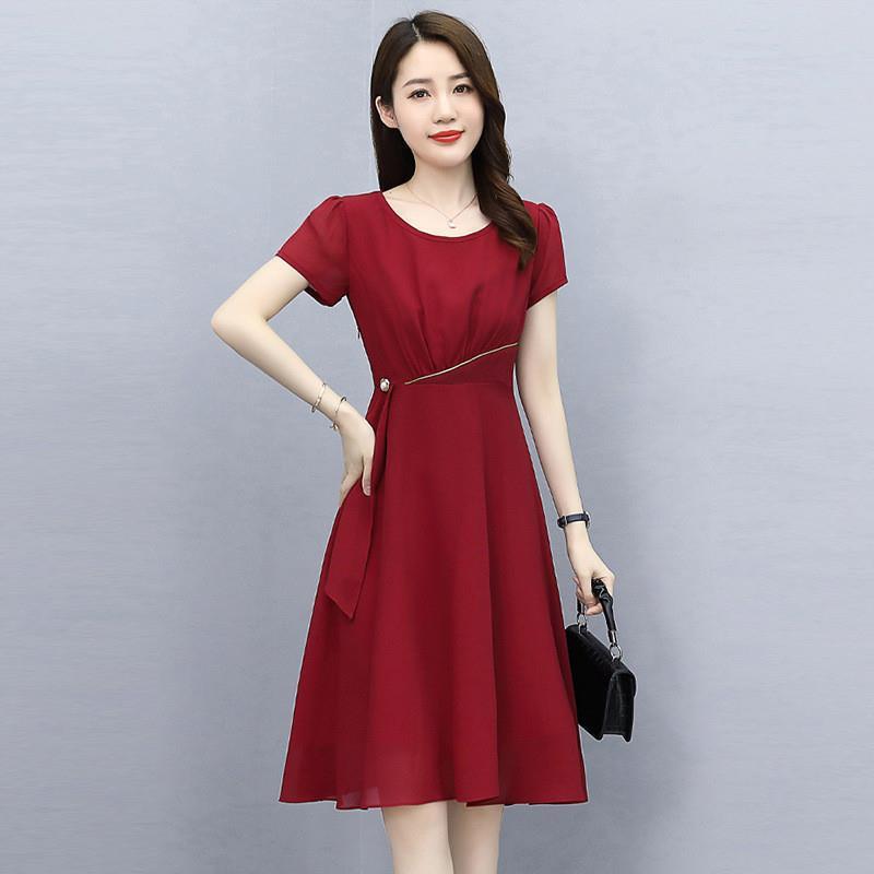 红色雪纺连衣裙女夏季小个子旗袍喜婆婆婚宴装平时可穿妈妈晚礼服