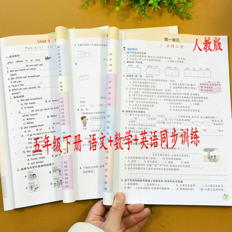 全套3册五年级下册语文数学英语同步训练人教版天天练字词句阅读看拼音写词语分数加减法表面积体积应用题单词句子默写单元测试题