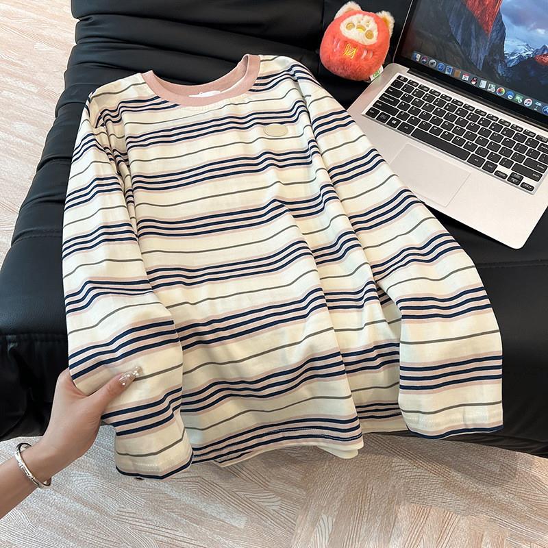 实拍230G条纹打底衫女2025秋季新款薄款圆领刺绣长袖t恤薄款上衣