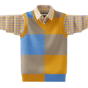 男童拼色假两件毛衣2025春秋新款中大童针织衫衬衫领洋气背心薄款