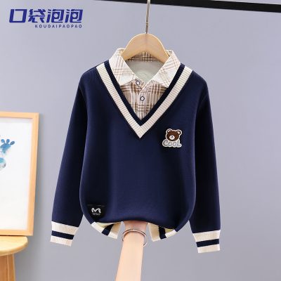 男童假两件卫衣一体绒厚款2025春秋中大童针织衫加绒打底衬衫领潮
