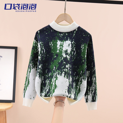 男童撞色毛衣加绒加厚圆领2025秋冬新款中大童装针织衫打底衫男宝