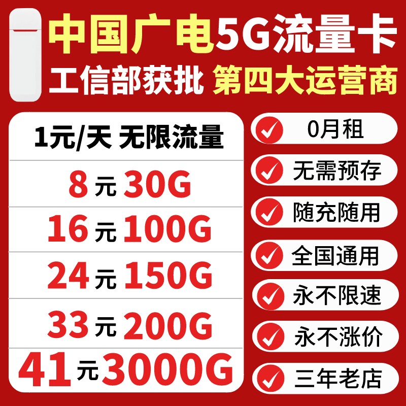 广电纯流量上网卡移动联通电信随身wifi数据卡4g套餐包年车载笔记本电脑无线网卡导航不限速通用流量全国通用属于什么档次？