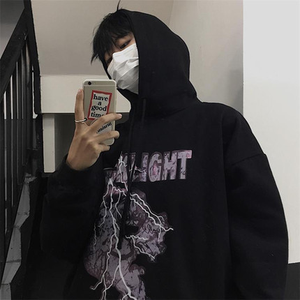 囍拾秋冬季复古连帽美式加绒卫衣男生fashion上衣ins潮牌字母印花