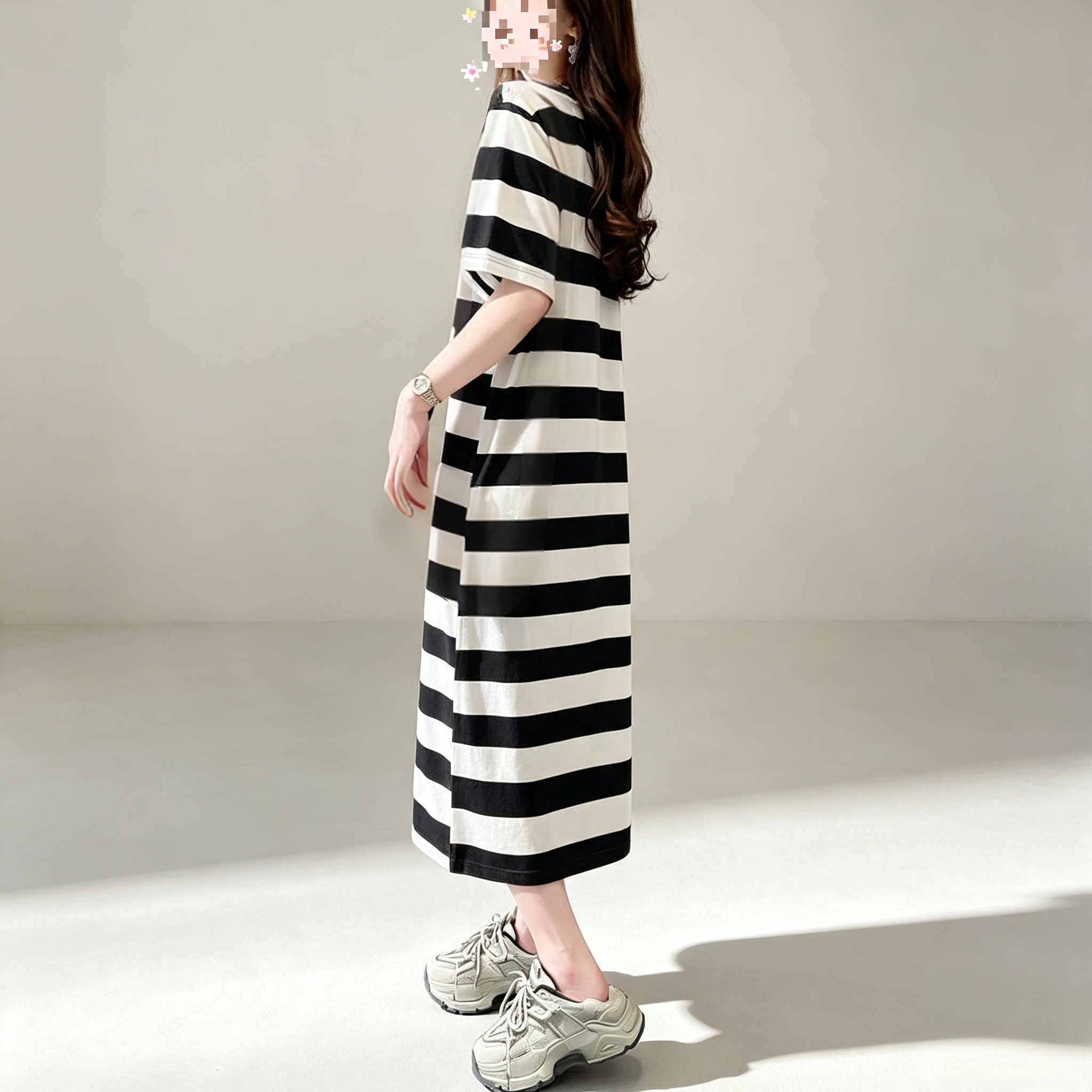 撞色条纹短袖连衣裙女夏装新款宽松休闲慵懒风大码显瘦长款T恤裙