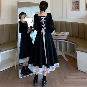 法式收腰显瘦连衣裙黑色赫本风秋季轻奢长裙小众高端长袖礼服裙子