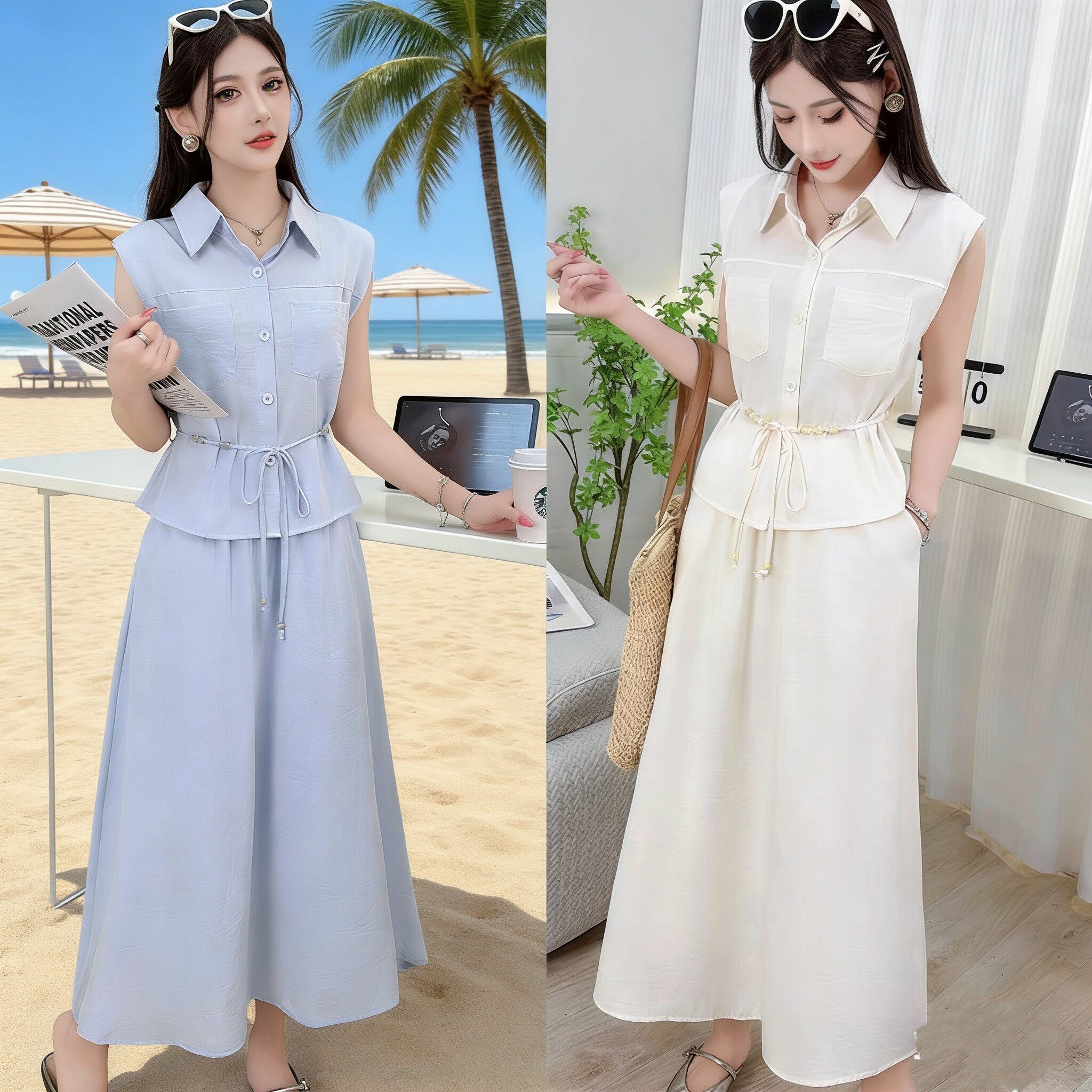 法式松弛感无袖衬衫半身裙两件套装女夏季新款时尚气质通勤套装裙