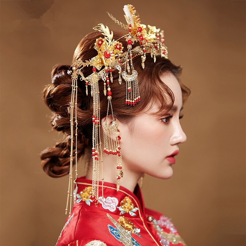 新款中式新娘饰品古装汉服结婚凤凰发冠头饰发复古秀禾服礼服配饰