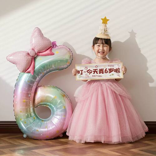 小女孩生日布置场景装饰女童数字气球儿童6岁快乐5仪式感拍照道具