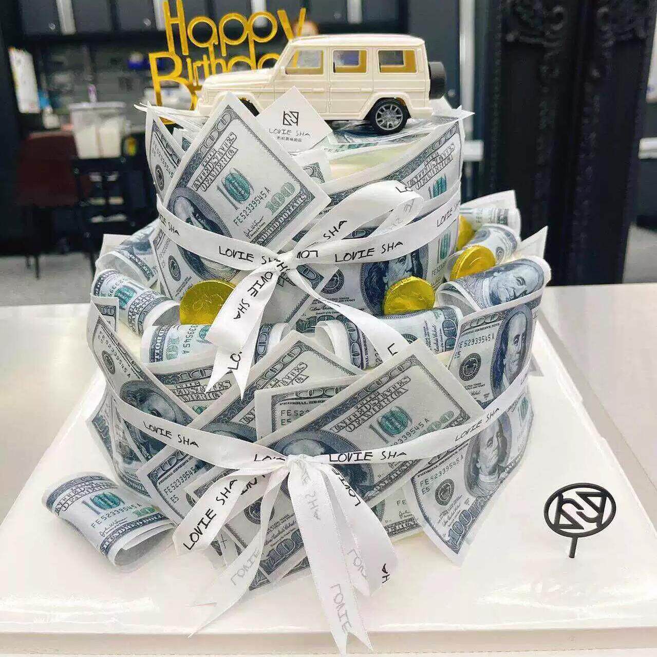 父亲节美金糯米纸蛋糕插件网红烘焙装扮美元字符暴富创意装饰围边