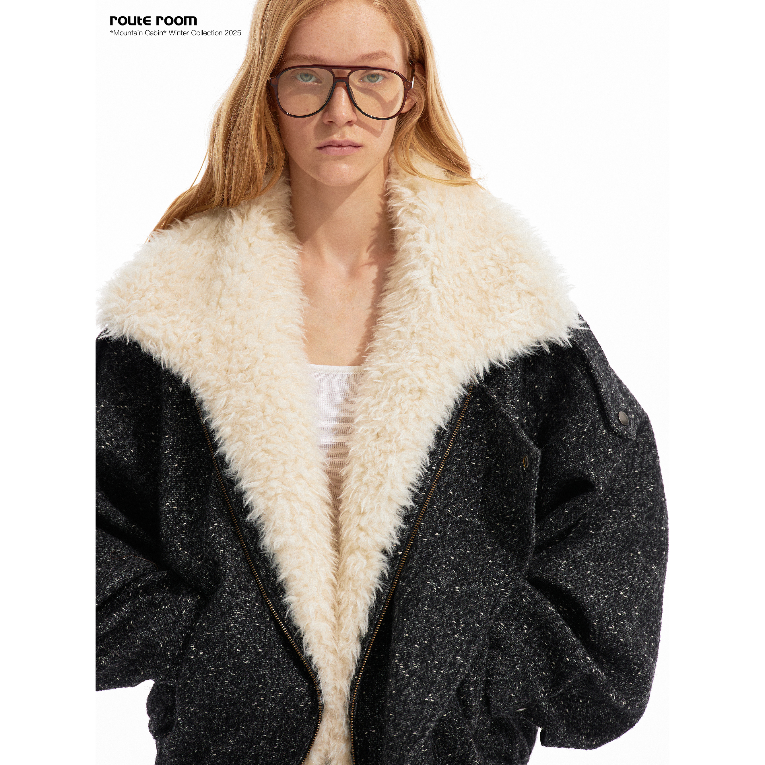 route room *Snow*可拆卸皮草领深灰白点羊毛粗花呢宽松廓形夹克