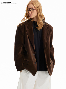 route room 深褐色丝绒光泽纯棉廓形宽松西装外套