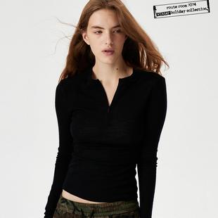 拉链式 route 灰木棕 黑色 亨利领美丽诺羊毛弹力针织上衣 room