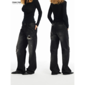 限定黑色重工洗水泼墨拼接马毛皮微弯刀直筒牛仔裤 route room冬季