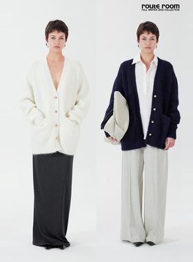 route room 暖白|藏蓝 羊驼毛金色圆扣V领针织开衫外套
