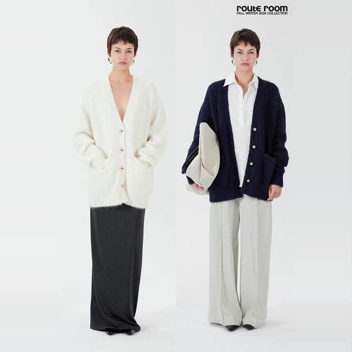 route room 暖白|藏蓝 羊驼毛金色圆扣V领针织开衫外套