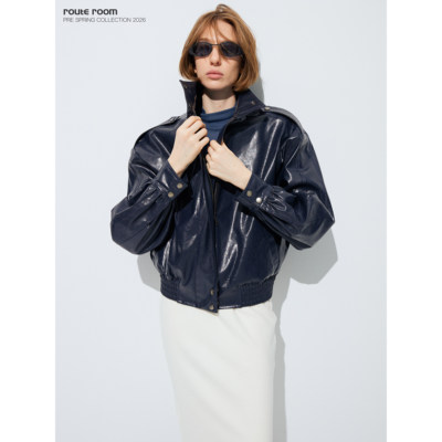 routeroom午夜蓝油蜡皮机车夹克