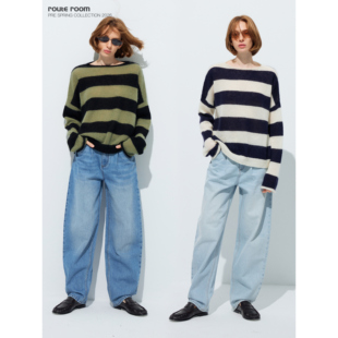 route room 船领卷边超细马海毛条纹撞色慵懒宽松针织上衣