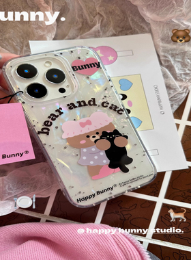 SEP原创可爱棕熊与黑猫适用三星GalaxyS24Ultra手机壳s21fe/S22/s23+梦幻复古风NOTE20女款A54个性s8+防摔s9+