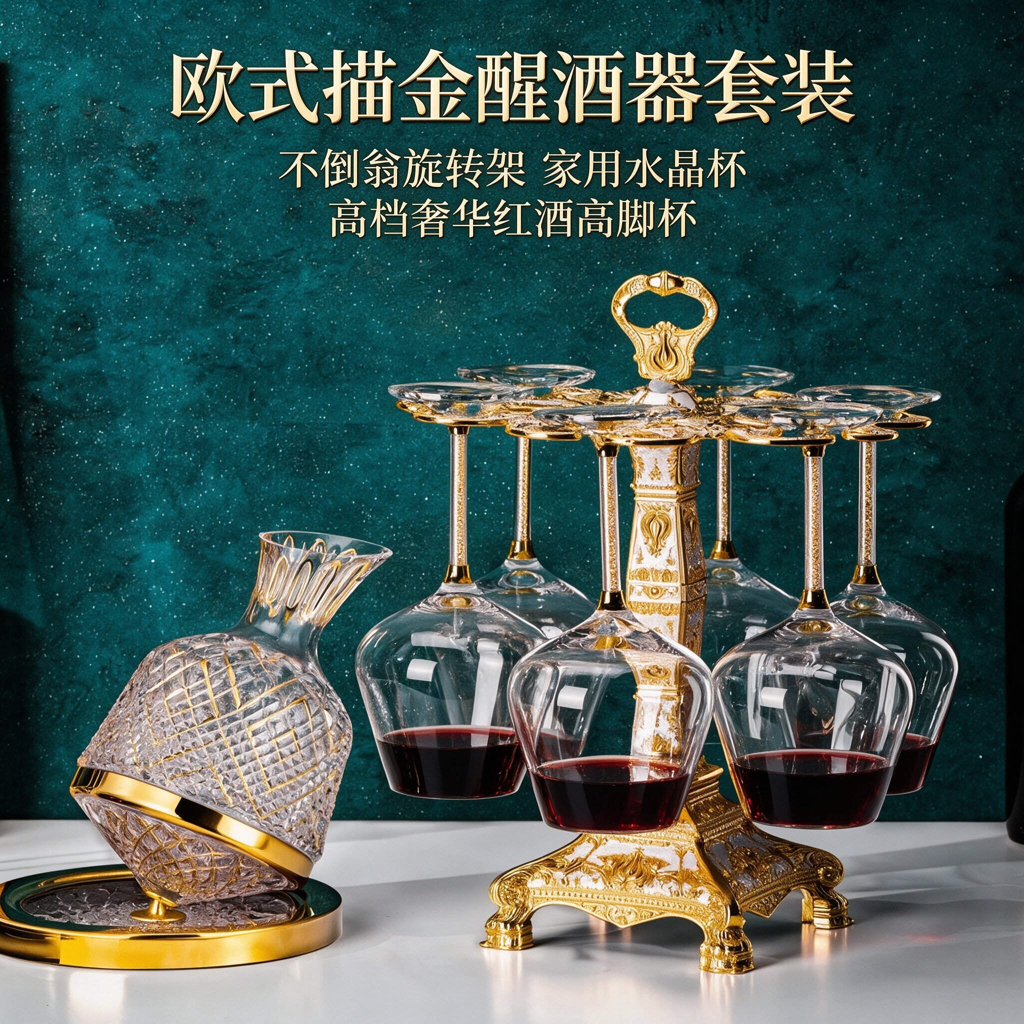 欧式奢华高档描金醒酒器套装家用水晶高脚红酒杯子不倒翁旋转架子