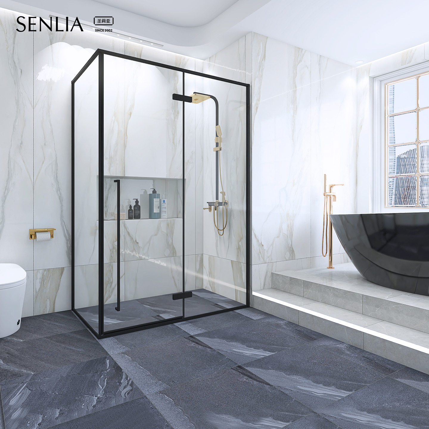 圣莉亚定制网红简易淋浴房干湿分离门浴室玻璃洗澡间隔断黑色