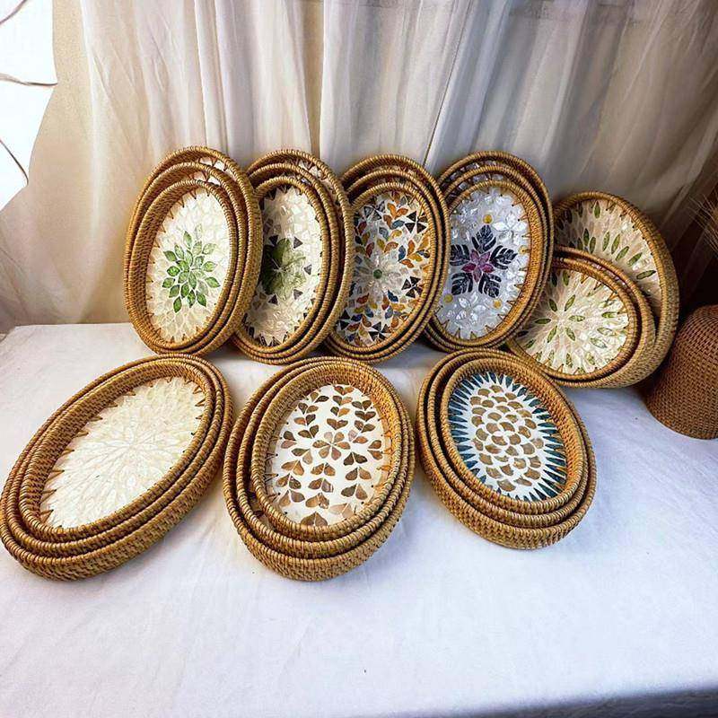 藤编贝壳彩色收纳家用客厅轻奢野餐点心干果茶杯餐厅椭圆托盘果盘,家居饰品,果盘/果篓,淘宝优惠券,粉丝福利购,淘宝优惠卷