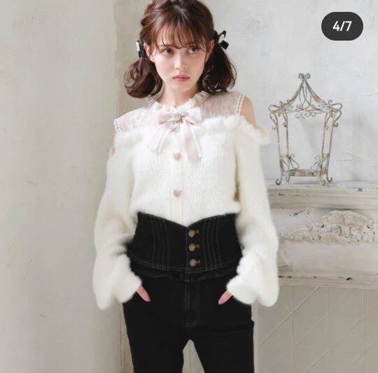 thumbnail for Japanese sweater Japanese mass production autumn and winter super sweet furry off-the-shoulder lace slim long-sleeved short sweater