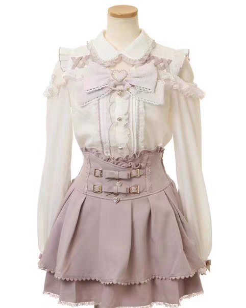 thumbnail for Japanese single Japanese Lolita new off-the-shoulder pearl collar cute sweet big bow 4002 short sleeve shirt