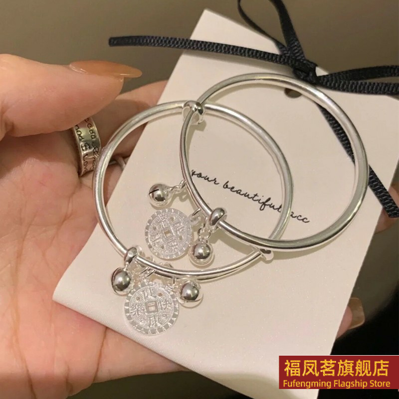 正生新款9999铜钱铃铛纯银手镯男女宝宝小孩子新生儿满月周岁礼物