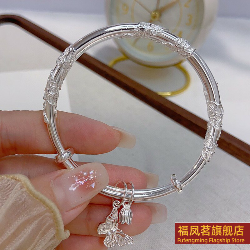 正生新款足银9999绕花丝蝴蝶纯银手镯小众实心新款刻字礼物送女友