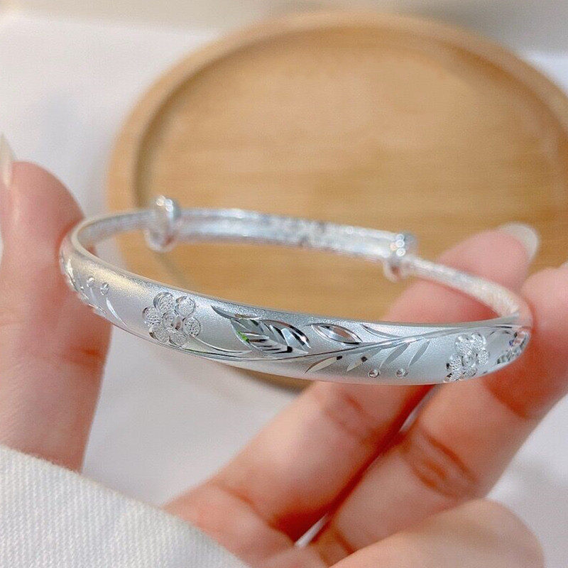 福凤茗9999纯银实心手镯花开富贵龙凤双鱼足银送妈妈婆婆长辈礼物