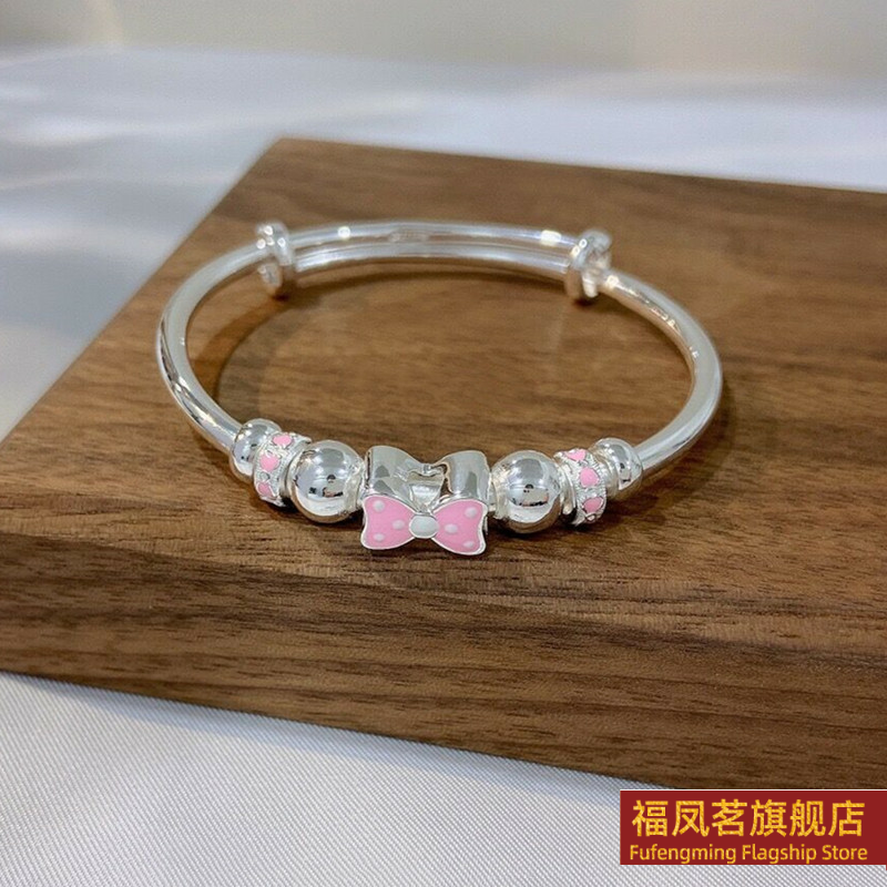 正生新款海星铃铛蝴蝶结祥云纯银手镯足银9999女学生小孩中童银镯