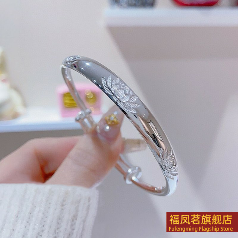 原创设计女银饰莲花龙凤福字手镯