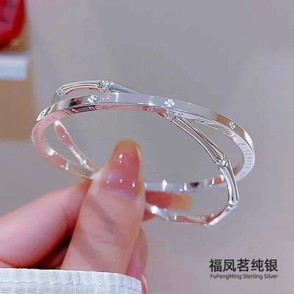 四叶草9999纯银竹节闭口手镯双环足银小众高级感送女朋友生日礼物