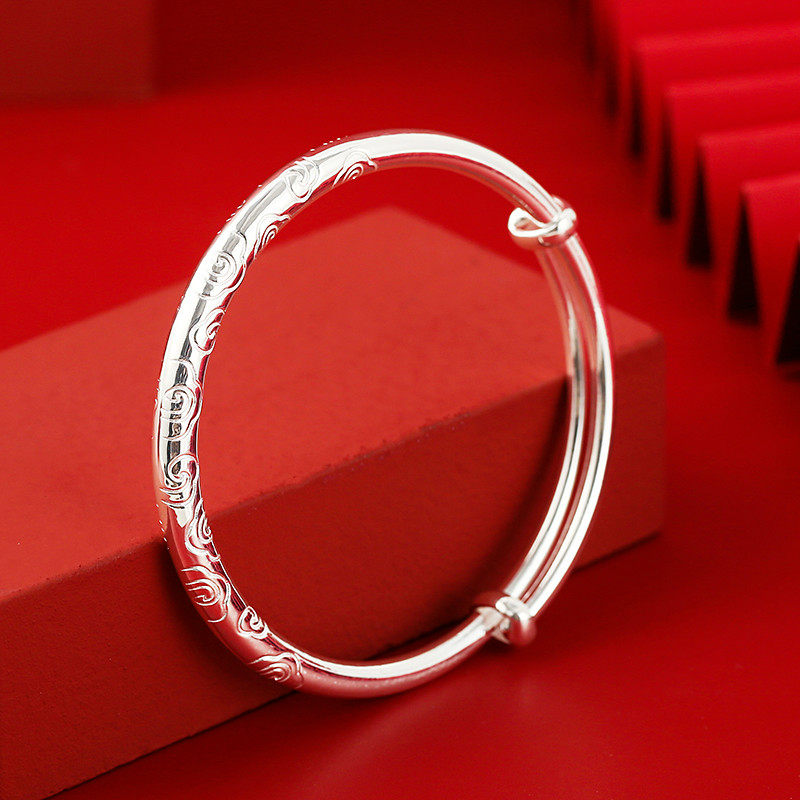 9999纯银手镯女实心祥云金箍棒足银推拉学生银镯子手环情人节礼物