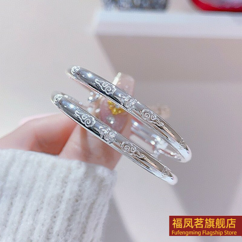 正生新款足银9999碎碎冰聪明伶俐福纯银手镯男女宝宝儿童小孩子款