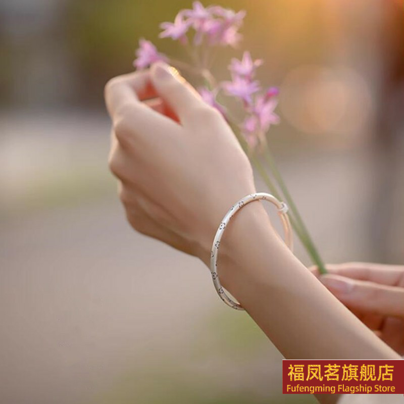 正生新款足银999桃花朵朵复古纯银手镯小众实心新款刻字送女友
