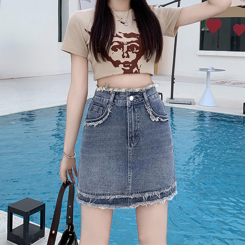 2025年夏季新款复古牛仔半身裙女韩版高腰防走光毛边辣妹A字短裙